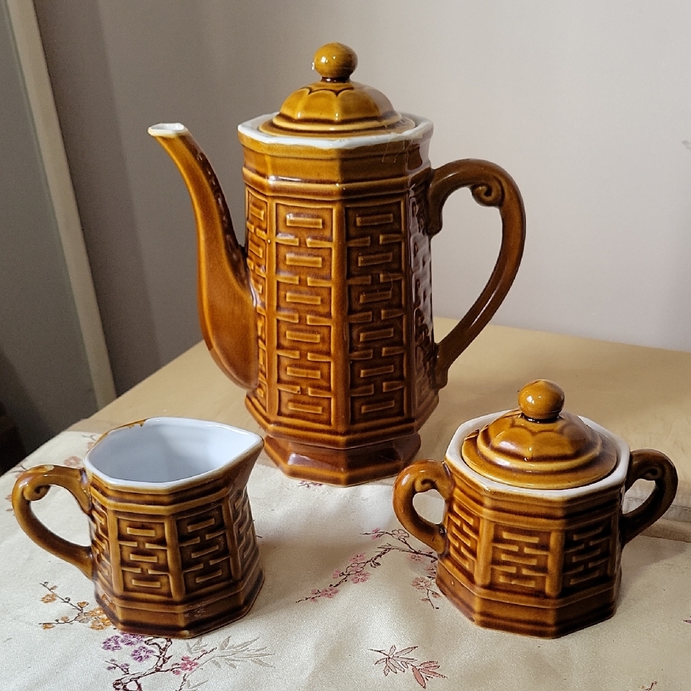 1940-50s Vintage Basket Weave Ceramic Coffee Set